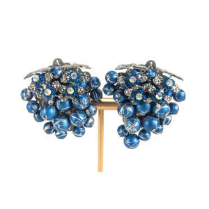 VTG  Earrings Blue Bead Rhinestone Grape Cluster Chunky Clip On Statement READ